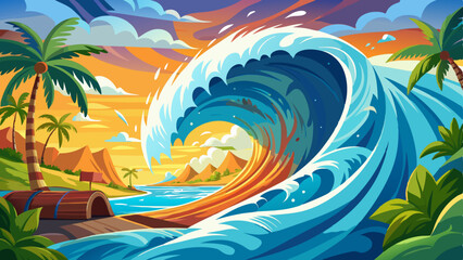 Obraz premium CLOSE UP: Big tube wave crashes on the sunny coast of a remote tropical island.