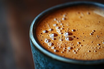 An upward focused close up of a coffee filled cup