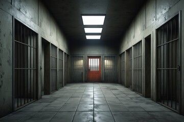 there is a long hallway with a red door and a window