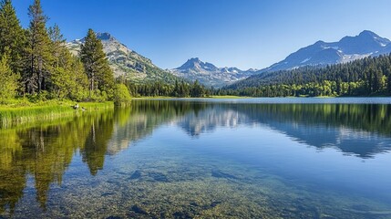 Naklejka premium Serene Mountain Lake with Crystal-Clear Water Reflecting Peaks and Trees, Creating a Peaceful Meditative Space for Relaxation