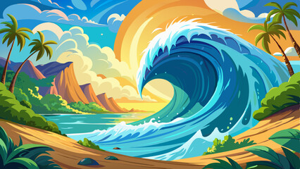 CLOSE UP: Big tube wave crashes on the sunny coast of a remote tropical island. © williamnoah