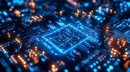 Obraz premium Intricate close-up of a glowing microchip on a circuit board, showcasing technology and innovation