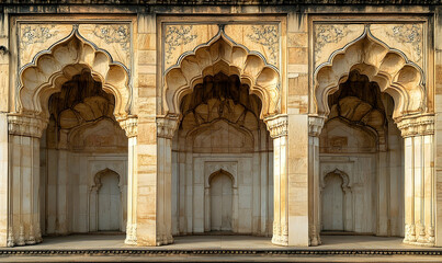 Obraz premium Intricate architectural arches showcasing detailed carvings in a historic palace courtyard at sunset