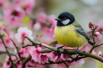 Obraz premium Bird perched on cherry blossom branch in spring