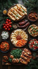 A vibrant display of traditional Uzbek dishes showcases handcrafted dumplings, flavorful stews, and fresh vegetables. Inviting aromas fill the air, promising a delightful culinary experience