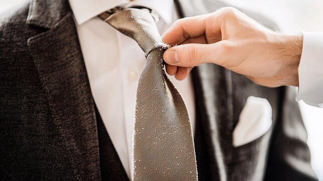 of a hand holding a tie, with the other hand brushing off lint, showcasing care and preparation in men's grooming and attire. [Tie]:[Men's attire] hand holding tie, lint brushing, grooming detail, 