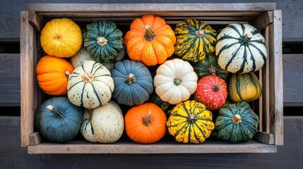 A vibrant collection of assorted pumpkins fills a rustic wooden crate. The rich colors and unique patterns showcase the beauty of autumn, celebrating the bountiful harvest season