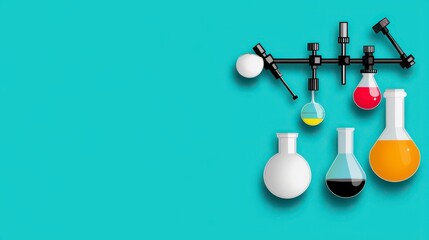 Pixel Art Laboratory Glassware with Colorful Liquids on Teal Background