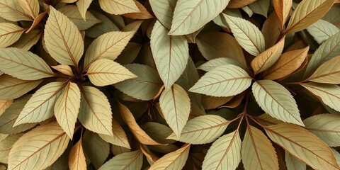 Serene botanical pattern of pressed leaves in sage green and earth tones, tranquil mood, natural design