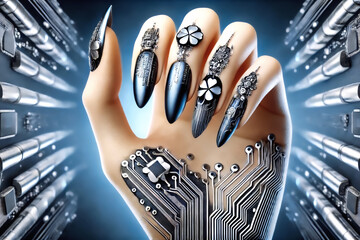 A futuristic cybernetic hand with intricate black and silver circuit-inspired nail art, metallic embellishments, and glowing technology elements, blending fashion and sci-fi aesthetics.