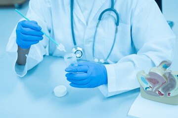 Doctor demonstrates cervical cancer screening on white background.Gynecologist wear blue gloves...