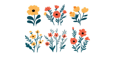 set of graphic flowers in warm tones, flat vector