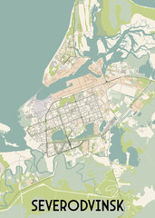 The image depicts a detailed map of Severodvinsk, a city located in the Arkhangelsk Oblast region of Russia. The map showcases the city's layout, including its streets, waterways.