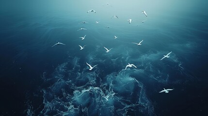 Obraz premium Aerial view of seagulls soaring over deep blue sea with turbulent water