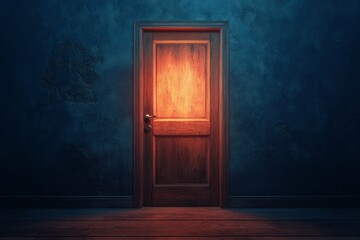 Mysterious glowing door in dark room