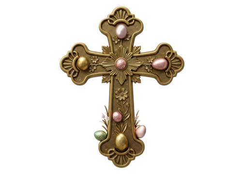 golden cross with intricate floral engravings and easter eggs - Powered by Adobe