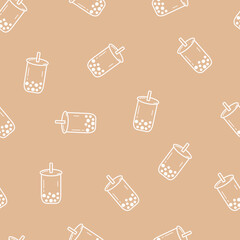 Boba tea or bubble milk tea cup seamless pattern vector. Sweet brown sugar bubble milk tea dessert in glasses for wrapping, textile, card, stationary, and phone cases.