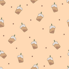 Boba tea or bubble milk tea cup seamless pattern vector. Sweet brown sugar bubble milk tea dessert in glasses for wrapping, textile, card, stationary, and phone cases.