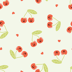 Cute cartoon colorful cherry seamless vector pattern. Doodle abstract cherries fruit vector for wallpaper, textile, fashion, background, stationary, wrapping, card, and phone cases.