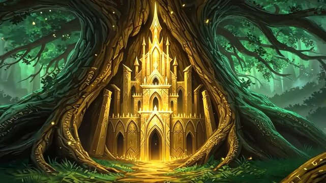 Golden Castle Nestled in a Lush Green Forest at Nighttime.A Beautiful and Mysterious Place.A Great