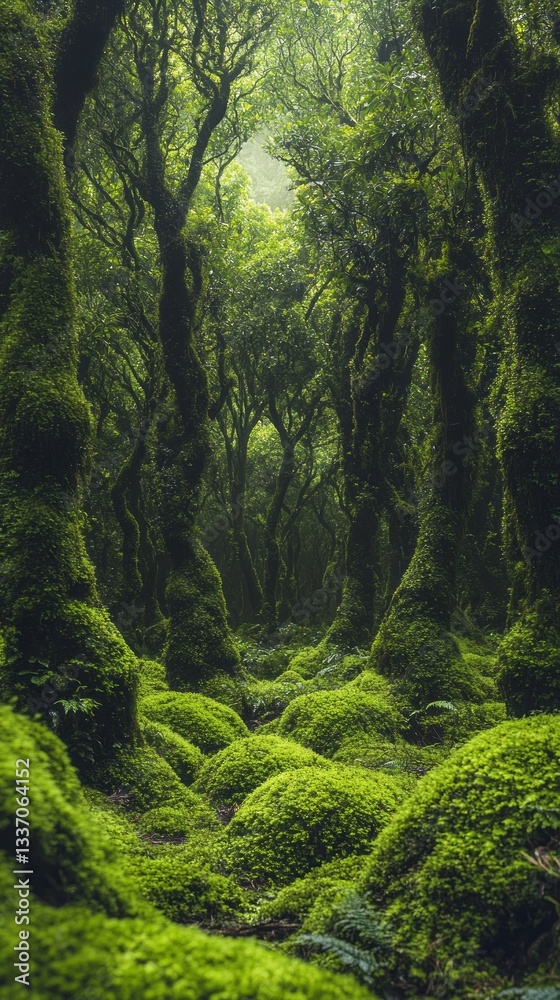 Poster beneath a canopy of towering trees, dense moss carpets the forest floor, inviting exploration and ig