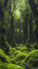 Obraz premium Beneath a canopy of towering trees, dense moss carpets the forest floor, inviting exploration and igniting a sense of tranquility. Sunlight filters through foliage, casting dreamy shadows