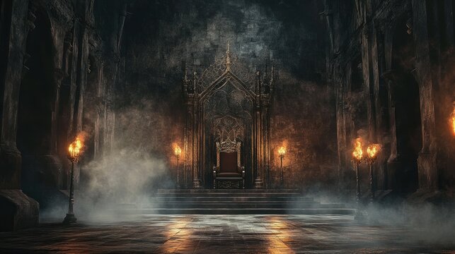 Gothic throne room with a grand ornate throne and burning torches