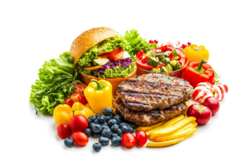 a plate of food including a hamburger fruit and vegetables cutout image and isolated on transparent background 