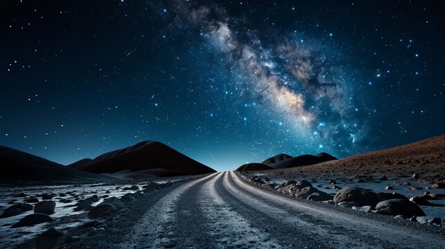 Milky way over desert landscape and rocky mountain road