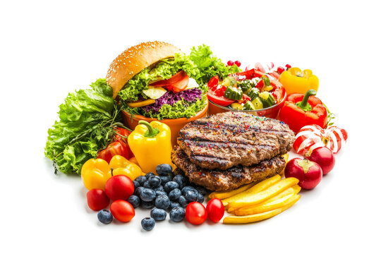 Naklejki a plate of food including a hamburger fruit and vegetables cutout image and isolated on transparent background 