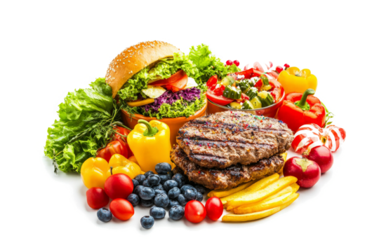 a plate of food including a hamburger fruit and vegetables cutout image and isolated on transparent background 