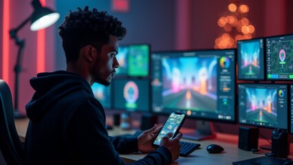 young man sitting desk front multiple computer monitors holding smartphone his hands appears playing video game desk cluttered keyboard mouse gaming equipment man wearing black hoodie has curly hair