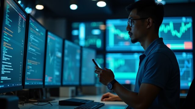 young man sitting desk front multiple computer monitors wearing blue polo shirt glasses holding smartphone his hand monitors displaying various graphs charts blue green colors man appears focused his