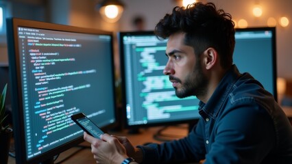 Fototapeta premium young man sitting front two computer monitors room desk plant background holding smartphone his hand appears looking screen intently man has dark hair beard wearing blue shirt screens monitors
