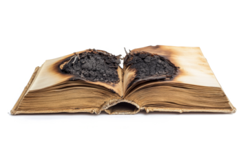 an open book with burnt pages cutout image and isolated on transparent background 