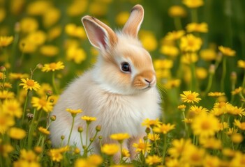 Fototapeta premium A fluffy bunny sits amidst a field of bright yellow wildflowers, bunny, peaceful
