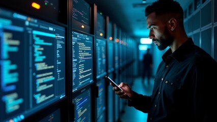 young man standing front row computer monitors server room holding smartphone his hand appears looking intently man wearing black shirt has beard room dimly lit blue red lights rows servers either