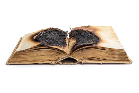 an open book with burnt pages cutout image and isolated on transparent background 