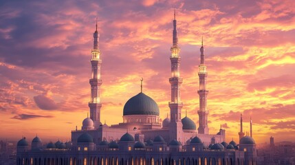 Obraz premium Grand mosque with tall minarets and domes under a vibrant sunset sky