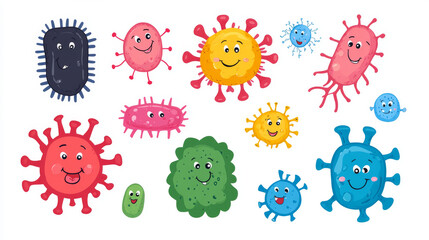 Cute bacteria, germ and virus characters isolated on white background. Vector cartoon set of funny bacterium, microorganism and biology cell with flagella and faces