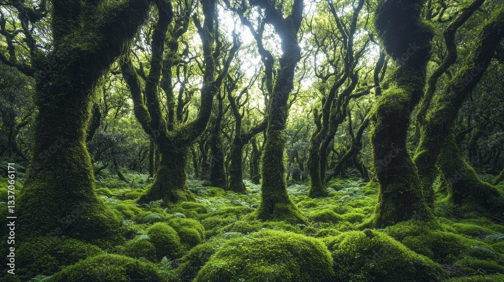 Poster In a lush, enchanting forest, towering trees draped in thick moss create a serene atmosphere. Soft light filters through dense foliage, inviting exploration of this hidden paradise