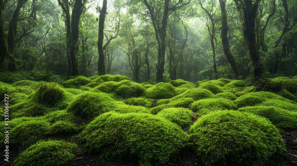 Poster dense layers of lush green moss cover the forest floor, enveloped by towering trees. soft light filt