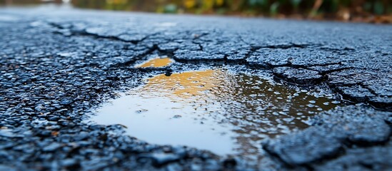 Puddle reflects autumn leaves on cracked road