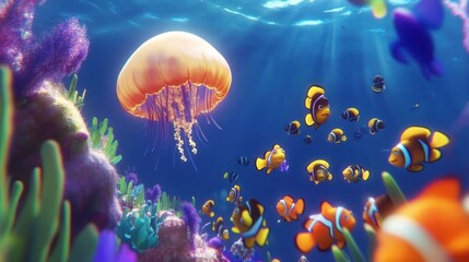 Underwater world filled with clownfish, jellyfish, and vibrant coral reefs