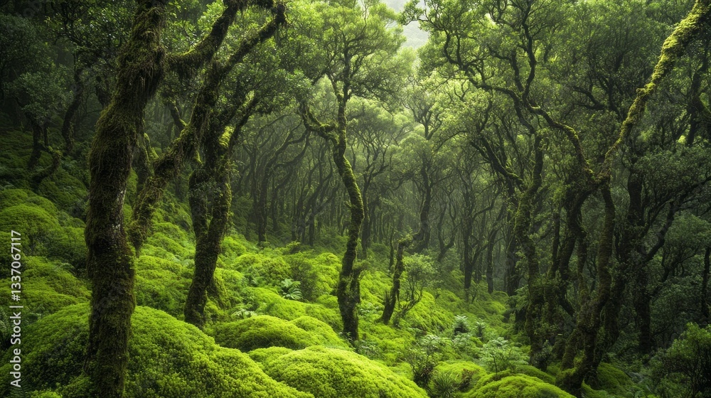 Poster Nestled in a tranquil forest, towering trees adorned with thick green moss create a serene atmosphere. Soft light filters through the foliage, illuminating the verdant landscape