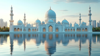 Majestic white mosque reflecting on calm waters at sunrise, surrounded by modern city skyline