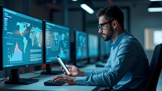 young man sitting desk front multiple computer monitors wearing blue shirt glasses holding smartphone his hand monitors display world map various graphs charts man appears focused his work looking