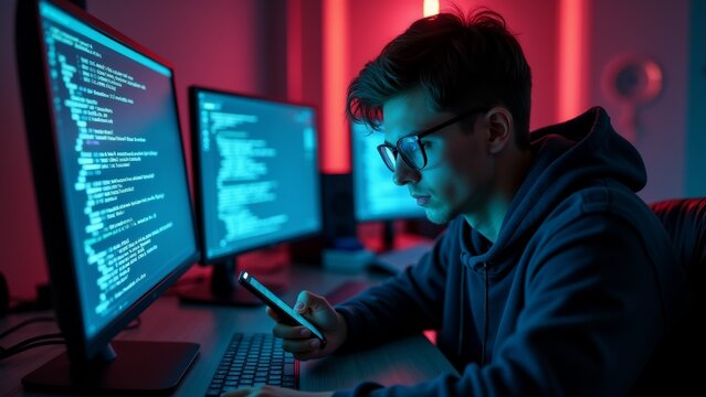 young man sitting desk front two computer monitors wearing black hoodie glasses holding smartphone his hand computer monitors displaying code their screens desk cluttered keyboard mouse office