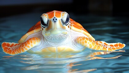 A close up image depicts an adorable sea turtle swimming