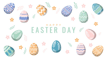 Happy Easter Day greeting banner. Eggs, flower, and leaves flat illustration. Vector banner template design with white space in the middle